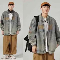 [L ]メンズ ファッション 服 男性用 オシャレ シンプル 大人 かっこいい 大きいサイズ ストリート 紳士服 アメリカン レトロ ライダース スタイル ヴィンテージデニム ジャケット トップス 服