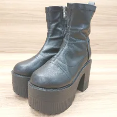 ■ YOSUKE フェイクレザー 合皮 厚底 太ヒール ジップ ショート ブーツ Sサイズ ブラック レディース E  【1303020015191】