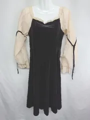 ◇ ⊇ ABITOKYO ベロア生地 シアースリーブ フリル 長袖 膝丈 ワンピース サイズM ブラック アイボリー レディース E  【1409240043096】