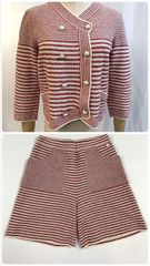 CHANEL　シャネル　CC　ココマーク　 ストライプ　ボーダー　ジャケット　カーディガン　ショートパンツ 　ニット　シルク　コットン　レッド　ヴィンテージ 　セットアップ　ツーピース　２P