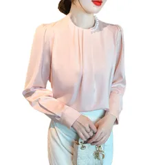 [ウェアビー] パール付き シフォンブラウス トップス 長袖 オケージョン きれいめ レディース ドレス フォーマル カットソー エレガント オシャレ 春服 トロミ シャツブラウス ロングシャツ オフィスカジュアル 大人 おんなのこ オシャ [ピンク] [S]