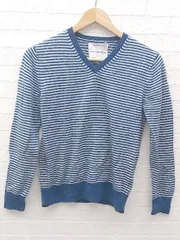 ◇ nano universe ナノユニバース ボーダー ウール ニット 長袖 Vネック セーター M ブルー ホワイト * 【1002800173822】