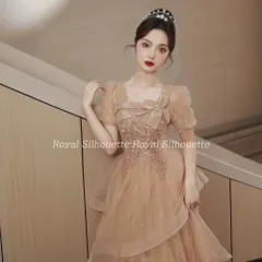 イブニングドレス パーティードレス シャンパン パフスリーブ 大きいサイズ 謝恩会 ドレス ラメ 結婚式 XS S M L XL LL 2XL XXL 3XL XXXL 姫系 発表会 プリンセス ガーリー 豪華 パーティー ジッパー