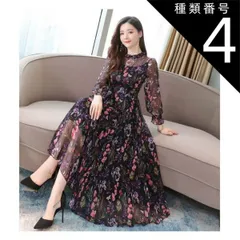 種類4：ブルー/L 花柄 シフォン ワンピース フレアワンピース 膝下 ミモレ ミモレ丈 7分丈 ミディアム丈 袖あり ボリューム袖 ハイネック プチハイネック フレア チュール シフォン ウエストマーク 透け感 シースルー かわいい 大人可愛い きれいめ カ