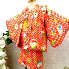 子供着物 レトロ 子供用 子象 小鳥 ウール アンサンブル ネル裏  綿入 袷 袖なし上着＆着物＆兵児帯セット 白 オレンジ 多色 ベビー