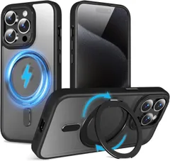 iPhone 15 Pro Max  用 ケース 縦横両対応 360°回転スタンドケース  Mag Safe対応 携帯スマホケース リングマグネット搭載 半透明　カバー ワイヤレス充電対応 マット感 防指紋 耐衝撃性  用ケース アジャスタブルスタンド