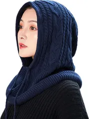 [sac taske] ニット バラクラバ ネックウォーマー マフラー レディース フード 防寒 帽子 （ケーブルニット ネイビー）