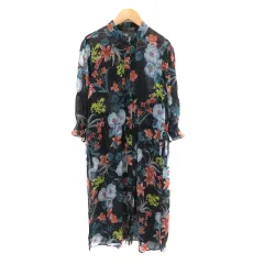 ザラ ベーシック ZARA BASIC シャツワンピース ロング丈 七分袖 バンドカラー シースルー 花柄 M マルチカラー 紺 ネイビー /YK41
