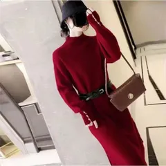 ★レッド色★ＸＬサイズ★秋冬長袖 ベルト付きひざ丈 ワンピース レディース Ａライン　体型カバー 大きめ　ゆったり