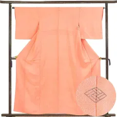 色無地 着物 身丈158cm 裄65cm 前幅23cm 後幅28cm 袖丈48cm 袖幅33.5cm レディース 袷 流水 裄Mサイズ 秋冬春用 正絹（シルク）オレンジ地 美品 リサイクル リメイク リユース【呉服のきくや】