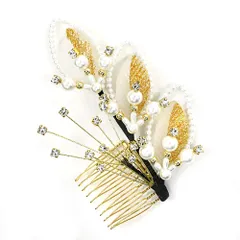 髪飾り コーム型 ラインストーン パール ゴールド 白 キラキラ ラメ リーフ 葉 小さい かんざし かわいい 粋 日本製 おしゃれ No.9-3383