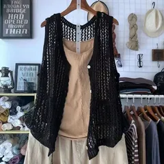 かぎ編み ベスト レディース カーディガン 綿 ニットベスト 春夏 クロシェ編み トップス 透かし編み レースベスト 羽織り レイヤードニット shdf529