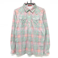 【超美品】ヨネックス 長袖ポロシャツ ミントグリーン系×サーモンピンク系 チェック 胸ポケット付 メンズ L ゴルフウェア YONEX