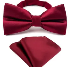 蝶ネクタイ ポケットチーフ　2点セット　ワンタッチ　ネクタイ　結婚式　イベント　ビジネス　パーティー　ダンスパーティー　バーテンダー　成人式　卒業式　入学式　入園式　入社式　父の日　七五三祝い　ワインレッド色　無地　格安
