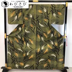 夏着物 浴衣 格子に芒 松葉鼠色 トールサイズ K-4996