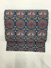 八寸なごや帯/美品/正絹/ブルー/有職文様/全通/仕立上がり/2175