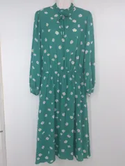 ◇ ◎ index かわいい 花柄 フリルカラー 長袖 膝下丈 ワンピース サイズM グリーン ホワイト イエロー系 レディース P  【1307060005884】