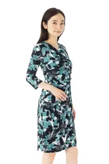 EGERIEワンピース エジェリ T1 T2 T3サイズ 七分袖 膝丈ワンピース 総柄 カシュクール レディース フランス製 　ジャージー素材  ワンピース 大人 上品 体型カバー エレガント　インポート 春 夏 秋 春夏