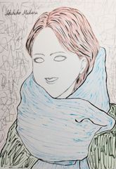 Akihiko Mihara, Salon d'Automne selected artist, original drawing [scarf beauty], female figure, line drawing, small piece, painting, fine art, interior, original artwork, miscellaneous goods, contemporary art, pencil drawing, interior coordination