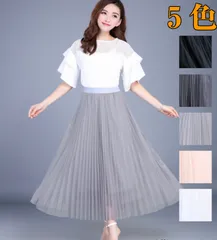 シフォンスカート レディース スカート シフォン プリーツ チュール ロング フレア シンプル 無地 オシャレ ウエストゴム キレイめ ボトムス ミモレ マキシ 着痩せ 体型カバー ふんわり 大人 可愛い ゆったり a10-3
