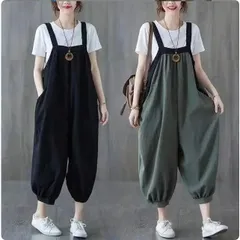 サロペット レディース オールインワン オーバーオール リネン風 ワイドパンツ サルエルパンツ 9分丈 ゆったり 大きいサイズ 無地 着痩せ 