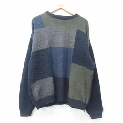 XL/古着 長袖 セーター メンズ 90s 手織り コットン クルーネック 紺他 ネイビー 25jan31 中古 ニット トップス