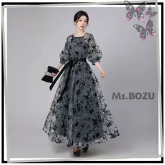 【新品】ドレス ワンピース イブニングドレス 結婚式 演奏会 お呼ばれ 発表会 舞台衣装 パーティードレス  ぽあん袖 エレガント 高級感  グレー  レース シフォン 花柄 黒  ブラック XL 2L