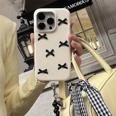 革感ベージュ クリーム色 立体リボンハンドストラップ付きショットストラップ付き iPhoneケース携帯ケース携帯カバースマホケースiPhone11/
