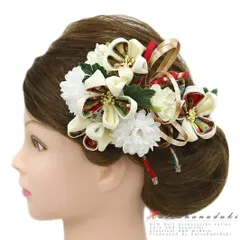 髪飾り 成人式 つまみ細工 振袖 袴 花 2点セット 白 紫 黒 青 ゴールド ちりめん 下がり 組紐 和柄 かんざし ブーケ シック 洋 No.9-4965