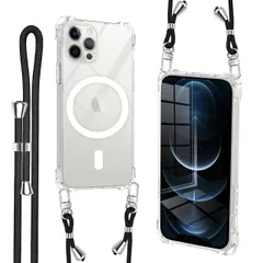 【迅速発送】iPhone 12 Pro Max 用 ケース クリア magsafe対応 マグネット搭載 ショルダー ストラップ付 携帯カバー 耐衝撃 全面保護 アイフォン12 プロ マックス 用 ソフトTPU 純透明 スマホケース 紐付き 肩がけ 首掛け 縄掛