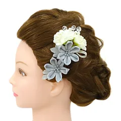 髪飾り 成人式 つまみ細工 振袖 前撮り 袴 花 2点セット シルバー 白 ちりめん 剣つまみ 組紐 パール ガラス ビーズ クリスタ No.9-5038