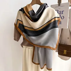 幾何学柄ストール 斜線デザイン レディース グレー オレンジ 落ち着き 華やかさ 洗練 モダン 大判ストール 季節を問わず オンオフ 卒業式 入学式 春コーデ 秋コーデ 冬コーデ オフィス ビジネス 普段使い  ホワイトデー 母の日 即購入OK 送料無料