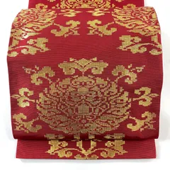 袋帯 龍村晋 落款 胡服遊行錦 人馬 枝花 箔 赤茶 正絹 袋帯 龍村晋 落款 胡服遊行錦 人馬 枝花 箔 赤茶 正絹