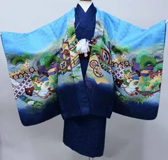 七五三 五歳 男児 羽織・着物・襦袢3点セット 綸子地 金刺繍 青地×紺 鷹 5歳 五才 5才 男の子 お仕立て無料 祝着 NO40393-1