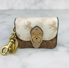極美品★COACH・コーチ ミニ ビート バッグ チャーム ウィズ ホース アンド キャリッジ プリント ホワイト ブラウン