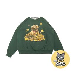 90s 古着 コットン スウェット USA製 犬 アニマル グリーン L