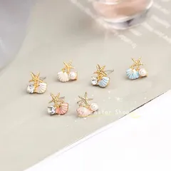 韓国系夏作 シェルモチーフピアス 貝パールミニピアス シンプルオシャレ夏コーデ