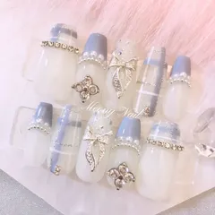 No.59オーダー♡量産型ワンホン韓国チェックリボンフレンチガーリースナ系ジェルネイルチップ