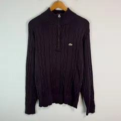 LACOSTE ラコステ ハーフジップ ハイネック ケーブルニット セーター コットン 長袖 ロゴ刺繍 ワンポイントロゴ ダークパープル 4サイズ メンズ 古着 カジュアル ストリート