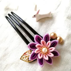 【和風簪】つまみ細工ピンク×パープル 花簪 成人式・浴衣・七五三・撮影用髪飾り
