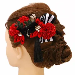 髪飾り 成人式 つまみ細工 赤 振袖 前撮り 袴 浴衣 夏祭り 花火大会 豪華3点セット 黒 白 ゴールド リボン ちりめん ストライ No.9-4497