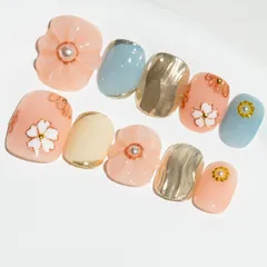 Size:M_Color:#100 Sun&Beam Nails 手作り ネイルチップ ショート ラウンド つけ爪 ピンク 青 金 パール フラワー 人気 おしゃれ 可愛い 付け爪 10枚入 (#100 M)