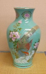 九谷焼 花瓶 明陶 金彩 雉牡丹飾壷 エメラルドグリーン - メルカリ
