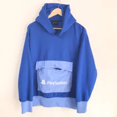 (^w^)b GU ジーユー × プレステ スウェット プルオーバー パーカー プレイステーション SONY ソニー フーディー カンガルー ポケット Play Station トップス フロントプリント ゲーム ブルー 青 メンズ サイズ M