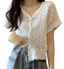 Free Size_白7 [1/2style] [ニブンノイチスタイル] ボレロ カーディガン 透かし 編み ニット 春夏 コットン カジュアル レディース (フリーサイズ, 白7)