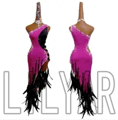 社交ダンス衣装　ラテンワンピースドレス　豪華 羽毛フリル　オーダーメイド