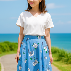 ✨新品タグ付き✨ 【Jusqu’à】＊ジュスカ＊ブルー×フラワー＊フレアスカート＊リネン混＊サイズ38（M相当）＊春夏スカート✨