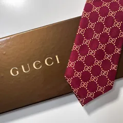 美品 GUCCI ネクタイ シルク100% ワインレッド TTGG-48 GG柄 総柄 ダブルG グッチ
