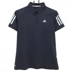 【超美品】アディダス 半袖ポロシャツ ネイビー ストライプ地模様 袖3ライン レディース OT(XL) ゴルフウェア adidas