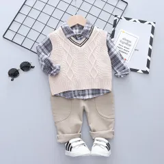 ☆ オフホワイト ☆ 90cm ☆ ベビー キッズ フォーマル スーツ ベスト 3点セット フォーマルスーツ 3点セット 男の子 ベビー キッズ フォーマル スーツ ベスト シャツ 長袖 ニットベスト パンツ ズボン セット セットアップ 子供服